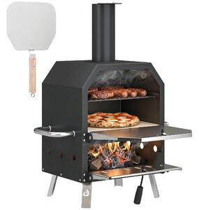 Outsunny venkovní pec na pizzu na dřevo, nerezová ocel, 2 úrovně s kamenem Ø 30,5 cm (tl. 1 cm), skládací nohy a lopatka – přenosná pro kempování, zah