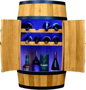 Dřevěný dekorační sud na víno s LED osvětlením, 2 police, dvířka - barva Dub