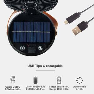 Malý solární ventilátor se světlem, nabíjecí, USB, 10W, 3 rychlosti, 700lm, 3 roky záruka