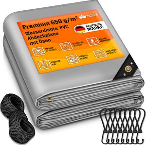 Plachta tillvex® edá 5x9 m s oky + 10 hák a 15 m lana | látková plachta 650g/m² nepromokavá a odolná proti roztrení | prémiová PVC plachta univerzální pro nákladní auta, bazény, devný zahradní nábytek | zahradní plachta na zakrytí zahrady