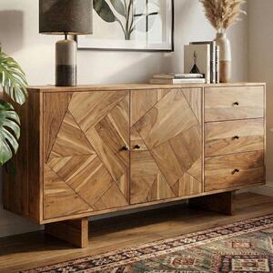 FineBuy Design Sideboard Akácie Masivní dřevo 150 cm se 2 dvíky a 3 zásuvkami - Masivní devná komoda run vyrobená - Masivní devná venkovská píborník