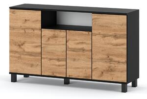 STIV Möbel | Komoda 140x35x80 cm erný Mat / Dub Wotan | 4 dvíka | Obývák Lonice | 9 polic