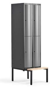 AJ Produkty Boxová šatní skříň CURVE, 2 sekce, 4 boxy, 2120x600x550 mm, lavice, šedé dveře