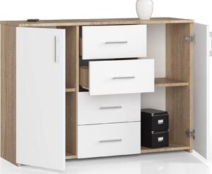 Komoda se 4 zásuvkami a 2 dvíky, 110x80x35, obývací pokoj, dub Sonoma / bílá