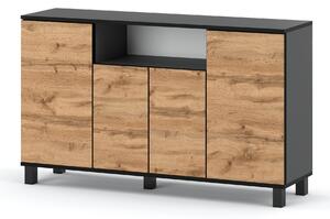 STIV Möbel | Komoda 140x35x80 cm edý Mat / Dub Wotan | 4 dvíka | Obývák Lonice | 9 polic | Moderní design