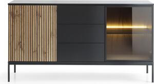 Moderní iroká komoda s ebrovaným elem 154×83×39 cm, erná / dub Wotan