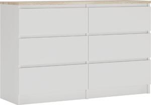 Komoda 6 zásuvek, barva: matná bílá / dub Sonoma TOP, 120 cm x 39 cm x 78 cm