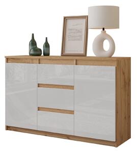 MIKEL - Komoda / píborník se 3 zásuvkami a 2 dvíky - dub Wotan / bílý lesk V75cm 120cm D35cm