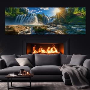 Obraz na plátně - Lesní vodopády se západem slunce FeelHappy.cz Velikost obrazu: 60 x 20 cm