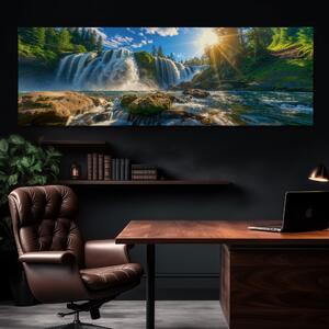 Obraz na plátně - Lesní vodopády se západem slunce FeelHappy.cz Velikost obrazu: 120 x 40 cm