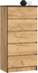 Komoda s 5 zásuvkami 60 cm, barva: dub Craft, V: 121 cm, : 60 cm, H: 40 cm. Skí do obývacího pokoje, kanceláe, lonice