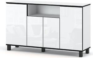STIV Möbel | Komoda 140x35x80 cm Bílý Mat / Bílý Lesk | 4 dvíka | 9 polic | Do moderní lonice a obývacího pokoje
