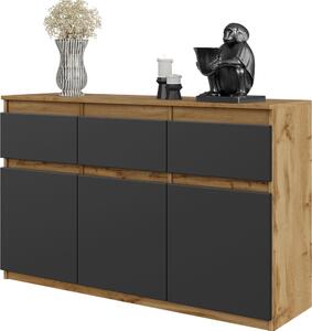 FURNICA - NOAH - Komoda se 3 zásuvkami a 3 dvíky - dub Wotan / antracitov edá V75cm 120cm H35cm
