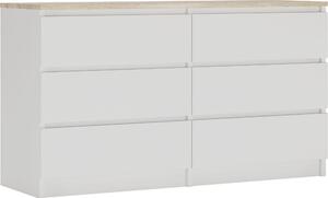 Komoda 6 zásuvek, barva: matná bílá / dub Sonoma TOP, 138 x 78 x 39 cm