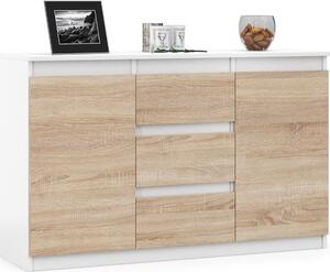 VBChome Komoda 120 x 35 x 75 cm se 3 zásuvkami a 2 dvíky Bílá - Dub Sonoma Bezúchytková komoda Víceúelová skí do pedsín Lonice