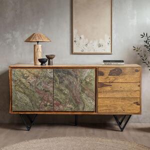 WOHNLING Komoda z masivního deva sheesham 150 x 40 x 55 cm Komoda se 2 dvíky a 3 zásuvkami Úloný prostor Komoda s ely v 3D kamenném vzhledu Nábytek do obývacího pokoje
