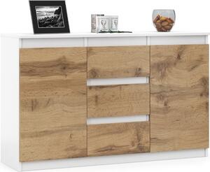 VBChome Komoda 120 x 35 x 75 cm se 3 zásuvkami a 2 dvíky Bílá - Dub Wotan Komoda bez úchytek Víceúelová skí do pedsín Lonice