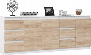 VBChome Dv komody 80 x 35 x 75 cm a 120 x 35 x 75 cm se 6 zásuvkami a 3 dvíky Bílá - Dub Sonoma Bezúchytková komoda Lonice
