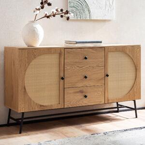 Komoda 140x80x40 cm Imitace dub s ratanovým výpletem moderní, vysoká komoda, stojací skí se 2 dvíky a 3 uplíky, píborník obývací pokoj | Wohnling