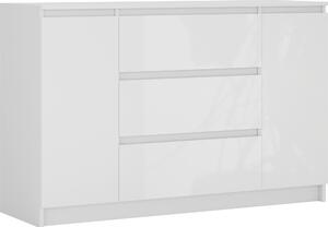 Komoda, matná bílá, lesklá bílá, 120 x 39 x 78 cm, 2 dvíka, 3 zásuvky