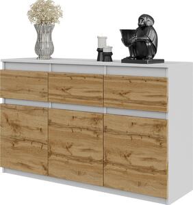FURNICA - NOAH - Komoda / píborník se 3 zásuvkami a 3 dvíky - bílý mat / dub Wotan V75cm 120cm H35cm