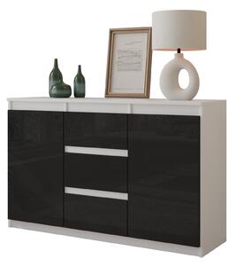 FURNICA - MIKEL - Komoda / píborník se 3 zásuvkami a 2 dvíky - bílý mat / erný lesk V75cm 120cm H35cm
