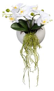 Umělá Orchidej bílá v květináči na zeď, 25cm