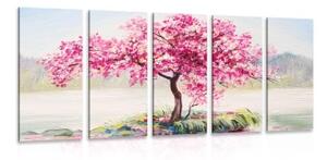 5-dílný obraz orientální třešeň v růžovém provedení - 100x50 cm