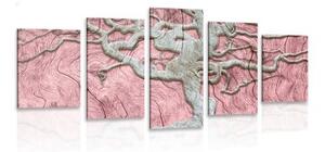 5-dílný obraz abstraktní strom na dřevě s růžovým kontrastem - 100x50 cm