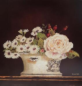 ART-STYLE Obrázek 18x18, růže v květináči, rám bílý s patinou