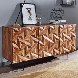 FineBuy Sideboard Sheesham masivní dřevo 145 cm se 3 dvíky - Masivní retro komoda s ernými nohami - Designový pírodní píborník - Run vyrobený v industriálním stylu