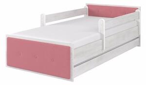 Dětská postel Max XL Čalouněná Šedivá 180x90 cm - 2x krátká zábrana se šuplíkem - čalounění Růžová