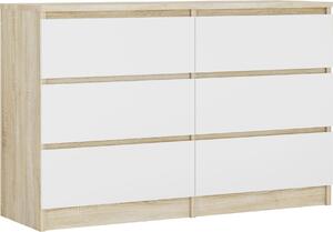 Komoda 6 zásuvek, barva: dub Sonoma / matná bílá, 120 cm x 39 cm x 78 cm