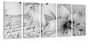 5-dílný obraz lilie na starém dokumentu v černobílém provedení - 100x50 cm