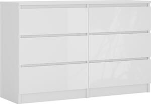 Komoda 6 zásuvek, barva: matná bílá/bílý lesk, 120 x 78 x 39 cm