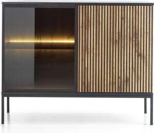 Moderní úzká komoda s ebrovaným elem, 104 × 83 × 39 cm, erná / dub Wotan
