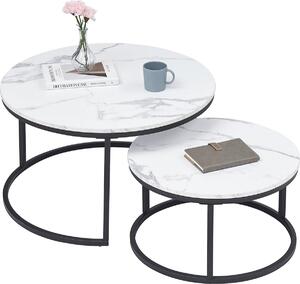 Konferenní stolek Happyment Luxe bílý - mramorový vzhled - sada 2 kus - venkovský styl - obývací pokoj - erný rám - kulatý - 60 a 40 cm