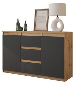 MIKEL - Komoda / píborník se 3 zásuvkami a 2 dvíky - dub Wotan / antracitov edá V75cm 120cm D35cm