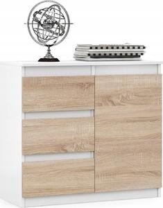 VBChome Komoda 80 x 35 x 75 cm se 3 zásuvkami a 1 dvíky Bílá - Dub Sonoma Bezúchytková komoda Víceúelová skí do pedsín Lonice