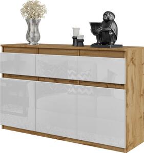 FURNICA - NOAH - Komoda / píborník se 3 zásuvkami a 3 dvíky - dub Wotan / bílý lesk V75cm 120cm D35cm