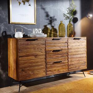 FineBuy Sideboard Sheesham masivní dřevo 160 cm 2 dveře a 3 zásuvky – masivní retro komoda s kovovým rámem – designový pírodní píborník, run vyrobený v industriálním stylu