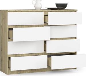 BDW, komoda s 8 zásuvkami, 120x99x40 cm, spousta úloného prostoru, dub Artisan - bílá