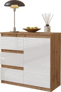 FURNICA - MIKEL - Komoda / píborník se 3 zásuvkami a 1 dvíky - dub Wotan / bílý lesk V75cm 80cm H35cm