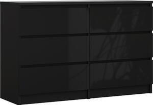 Komoda 6 zásuvek, barva: erná matná / erná lesklá, 120 x 78 x 39 cm