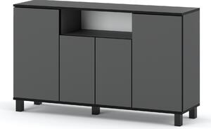 STIV Möbel | Komoda 140x35x80 cm edý Mat | 4 dvíka | Obývák Lonice | 9 polic | Moderní provedení