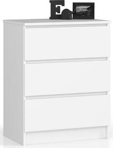 Komoda se temi zásuvkami, výka 77 cm a íka 60 cm, obývací pokoj, lonice, pedsí, skí, píborník, vysoká deska, spousta úloného prostoru, bílá barva