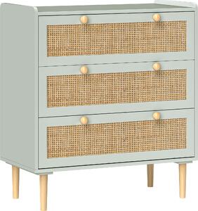 HOMCOM Komoda se 3 zásuvkami, píborník v boho stylu, ratanový vzhled, zásuvková komoda do obývacího pokoje zelená 80 x 40 x 87,5 cm