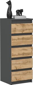VBChome Komoda s 5 zásuvkami 40 x 39 x 105 cm antracitová s dubem Komoda bez úchytek víceúelová skíka do pedsín lonice obývacího pokoje