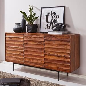 FineBuy Komoda z masivního deva Sheesham 150 cm se 3 dvíky – Masivní retro komoda s 3D povrchem – Designový pírodní píborník – Run vyrobený v industriálním stylu