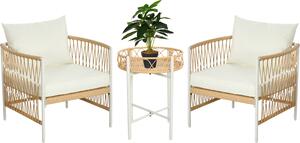 Outsunny 3dílná sada zahradního nábytku z ratanu, zahradní set se 2 zahradními idlemi, konferenní stolek, sada balkónového nábytku s poltái, na balkon, terasu, lutá+krémová barva
